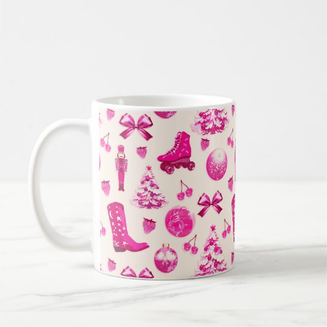 Cute Girly Preppy Pink Christmas Pattern Coffee Mug (Left)