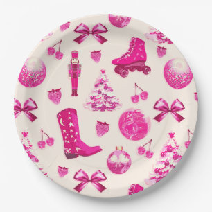 Cute Girly Preppy Pink Christmas Pattern Paper Plate