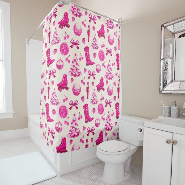 Cute Girly Preppy Pink Christmas Pattern Shower Curtain (In Situ)