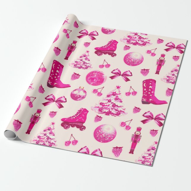 Cute Girly Preppy Pink Christmas Pattern Wrapping Paper (Unrolled)