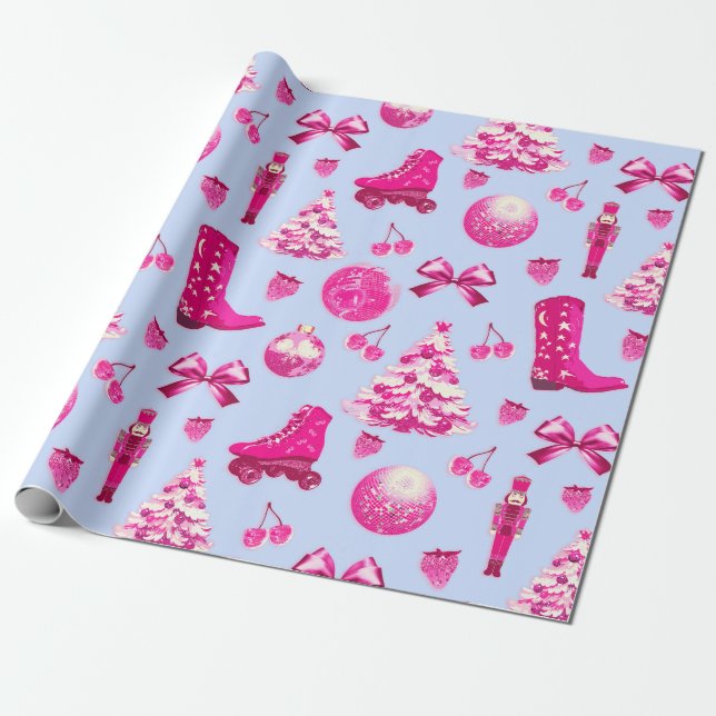 Cute Girly Preppy Pink Christmas Wrapping Paper (Unrolled)