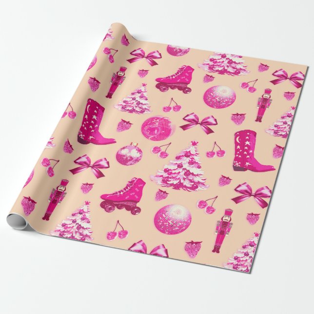 Cute Girly Preppy Pink Christmas Wrapping Paper (Unrolled)