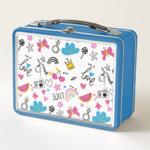 Cute Girly Pretty Rainbow Unicorn Colourful Patter Metal Lunch Box