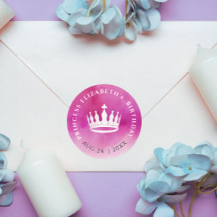 Cute Girly Princess Crown Pink White Watercolor Classic Round Sticker