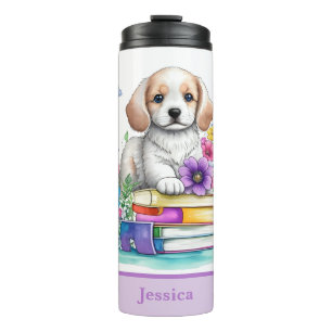 Cute Girly Puppy Books & Spring Flowers Thermal Tumbler