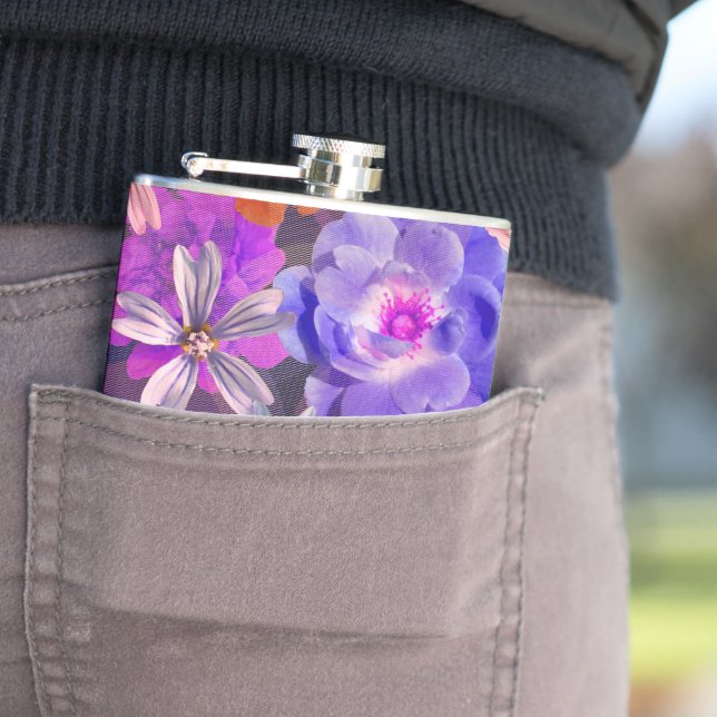 Cute & Girly Purple Floral Pattern Trendy Colourfu Hip Flask (In Situ)