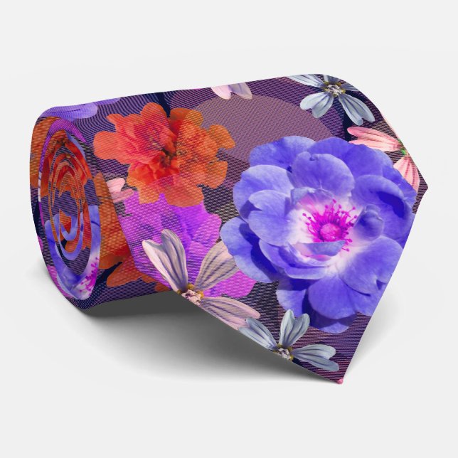 Cute & Girly Purple Floral Pattern Trendy Colourfu Tie (Rolled)