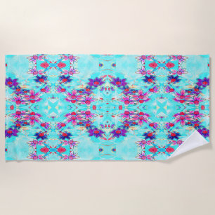 Cute Girly Purple Flower Pattern on Aqua Blue Beach Towel