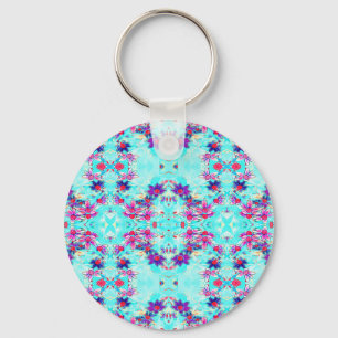 Cute Girly Purple Flower Pattern on Aqua Blue Key Ring