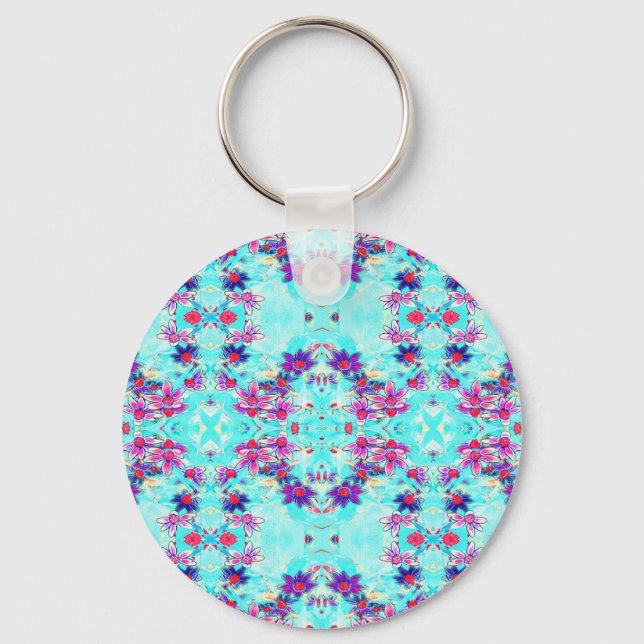 Cute Girly Purple Flower Pattern on Aqua Blue Key Ring (Front)
