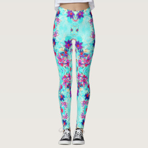 Cute Girly Purple Flower Pattern on Aqua Blue Leggings