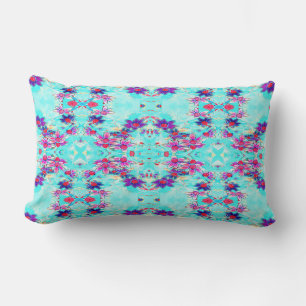Cute Girly Purple Flower Pattern on Aqua Blue Lumbar Cushion