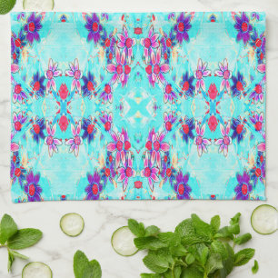 Cute Girly Purple Flower Pattern on Aqua Blue Tea Towel