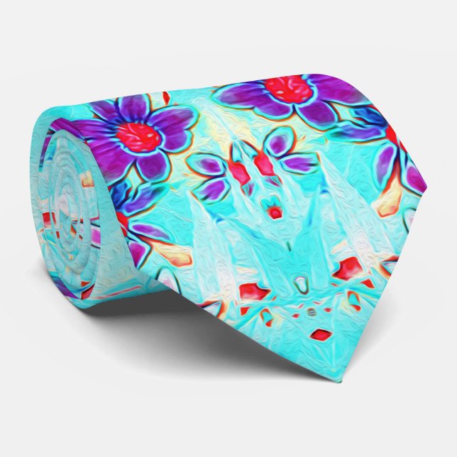 Cute Girly Purple Flower Pattern on Aqua Blue Tie (Rolled)