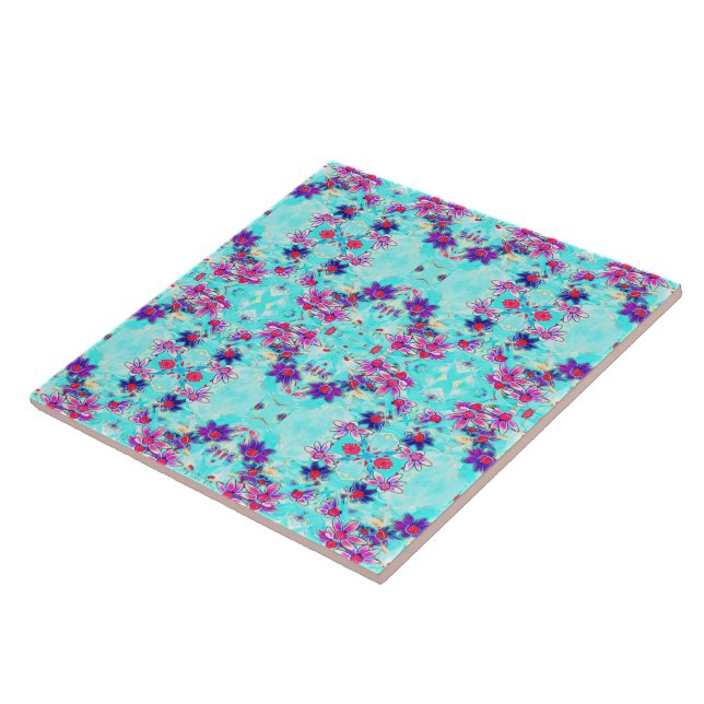 Cute Girly Purple Flower Pattern on Aqua Blue Tile (Side)