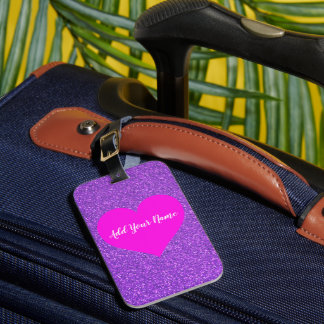 Cute Girly Purple Glitter Pink Heart Custom Text  Luggage Tag