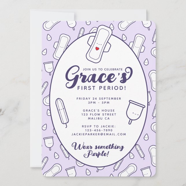 Cute Girly Purple Menstrual Pad First Period Party Invitation (Front)