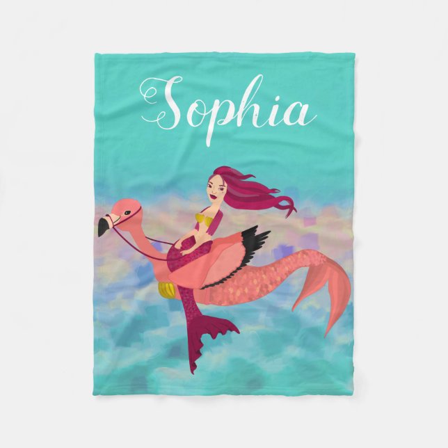 Cute Girly Purple Mermaid Flamingo With Name Fleece Blanket (Front)