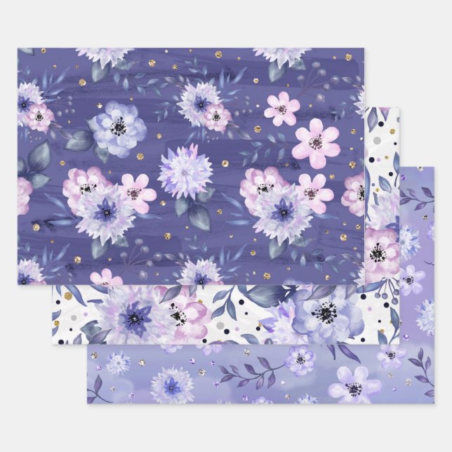 Cute Girly Purple Pink Floral Glitter Wrapping Paper Sheet (Set)
