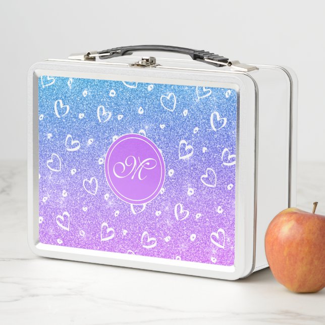 Cute Girly Purple Pink Glitter Hearts Monogrammed Metal Lunch Box (In Situ)