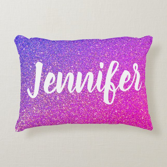 Cute Girly Purple Pink Glitter Ombre Personalised Decorative Cushion (Front)
