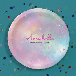 Cute Girly Purple Pink Holographic Sky Watercolor Paper Plate