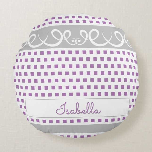 Cute Girly Purple Polka Dots & Swirls Script Name Round Cushion (Front)