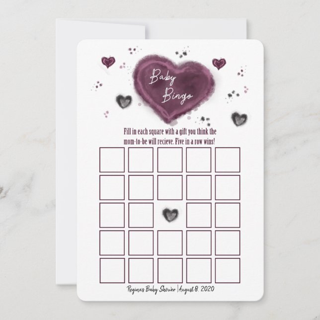 Cute Girly Purple Watercolor Heart Bingo Card Game (Front)