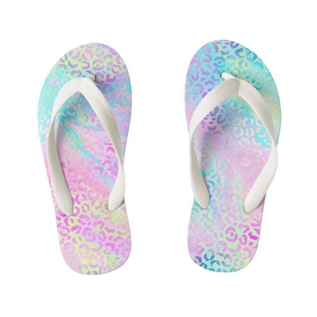 Cute Girly Rainbow Shimmer Leopard Print Kid's Flip Flops (Footbed)