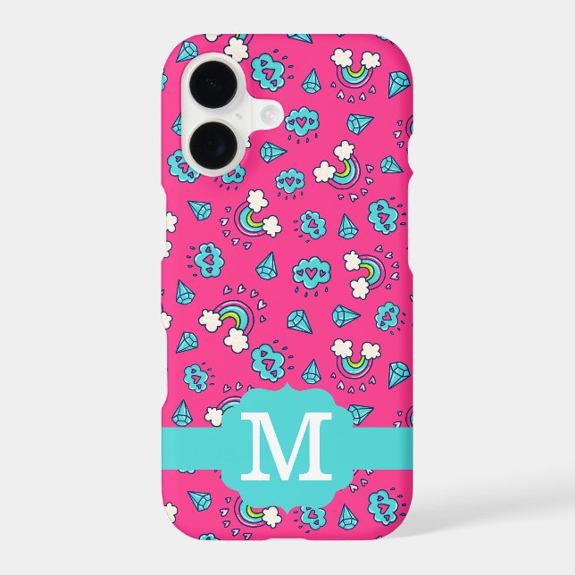 Cute Girly Rainbows Hearts & Gems Pattern Monogram (Back)