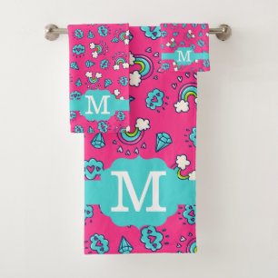 Cute Girly Rainbows Hearts & Gems Pattern Monogram Bath Towel Set