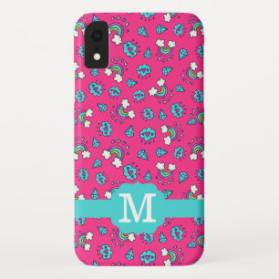 Cute Girly Rainbows Hearts & Gems Pattern Monogram iPhone XR Case