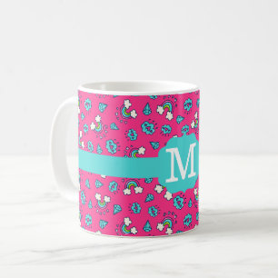 Cute Girly Rainbows Hearts & Gems Pattern Monogram Coffee Mug