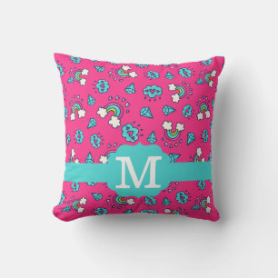 Cute Girly Rainbows Hearts & Gems Pattern Monogram Cushion