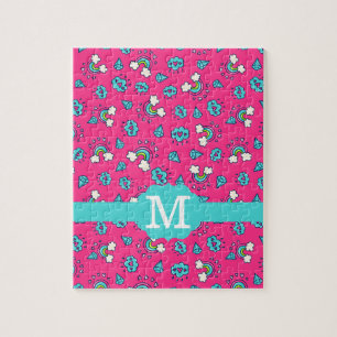 Cute Girly Rainbows Hearts & Gems Pattern Monogram Jigsaw Puzzle