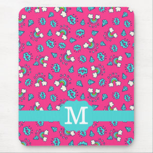 Cute Girly Rainbows Hearts & Gems Pattern Monogram Mouse Mat