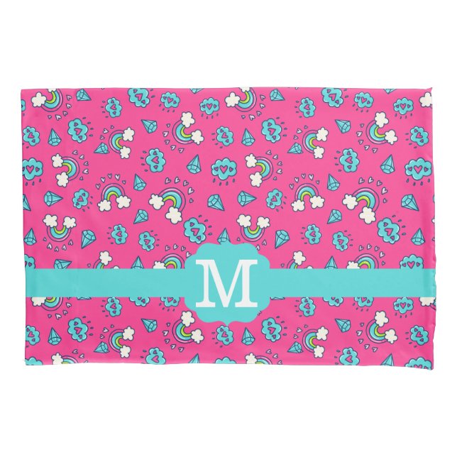 Cute Girly Rainbows Hearts & Gems Pattern Monogram Pillowcase (Front)