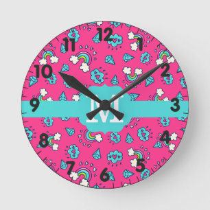 Cute Girly Rainbows Hearts & Gems Pattern Monogram Round Clock