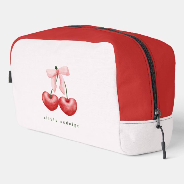 Cute Girly Red & Blush Pink Cherry Heart Bow  Dopp Kit (Right Corner)