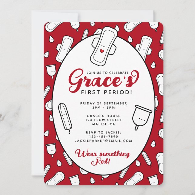Cute Girly Red Menstrual Pad First Period Party Invitation (Front)