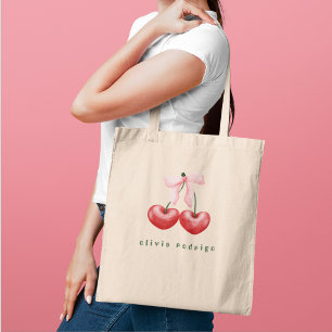 Cute Girly Red & Pink Cherry Heart Bow Tote Bag