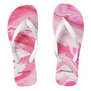 Cute girly red pink marble art monogram flip flops