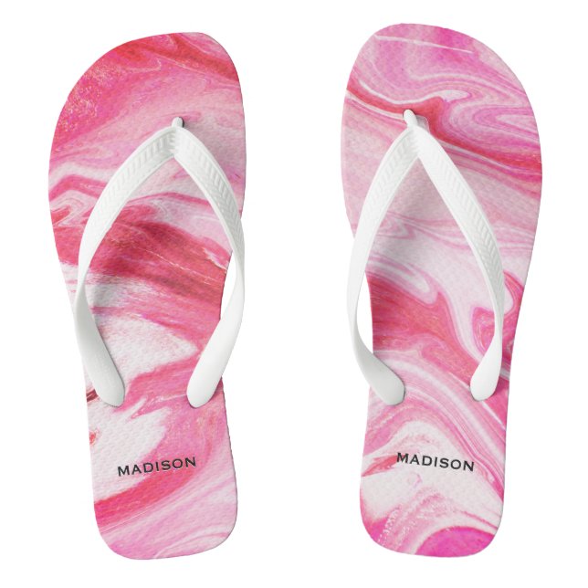 Cute girly red pink marble art monogram  flip flops (Footbed)