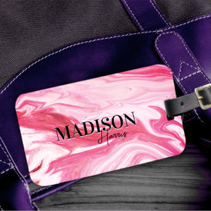 Cute girly red pink marble art monogram  luggage tag