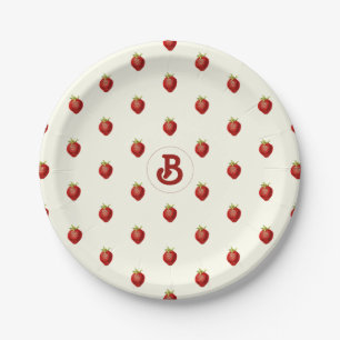 Cute Girly Red White Strawberry Name Monogram Paper Plate