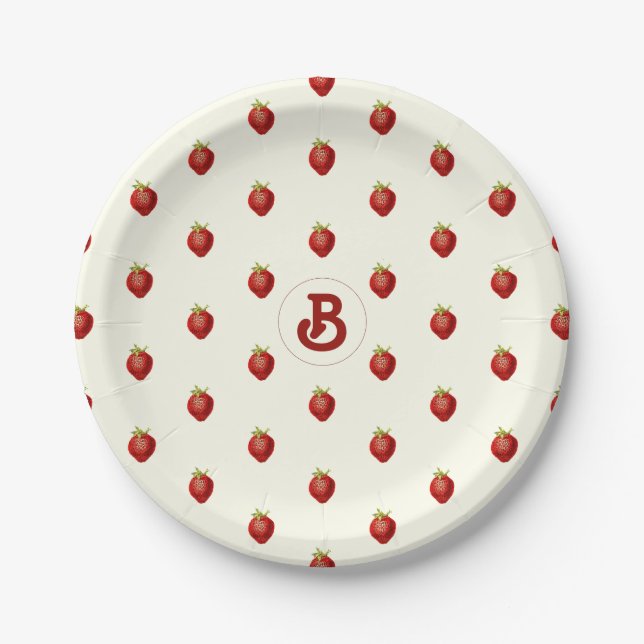 Cute Girly Red White Strawberry Name Monogram Paper Plate (Front)