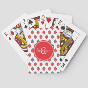 Cute girly red white strawberry patterns monogram playing cards