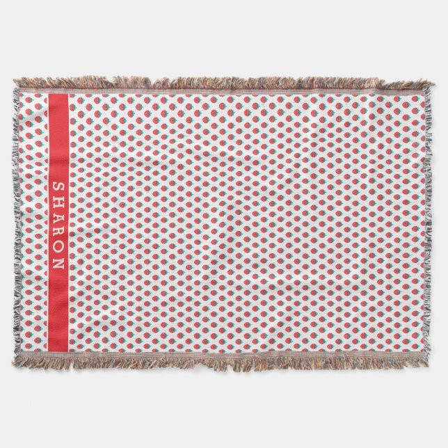 Cute girly red white strawberry patterns monogram throw blanket (Front)