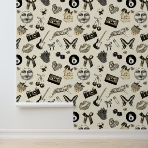 Cute Girly Retro Black Beige Aesthetic Pattern Wallpaper