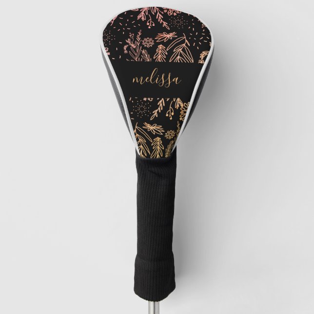 Cute Girly Rose Gold Floral Signature Golf Head Cover (Front)
